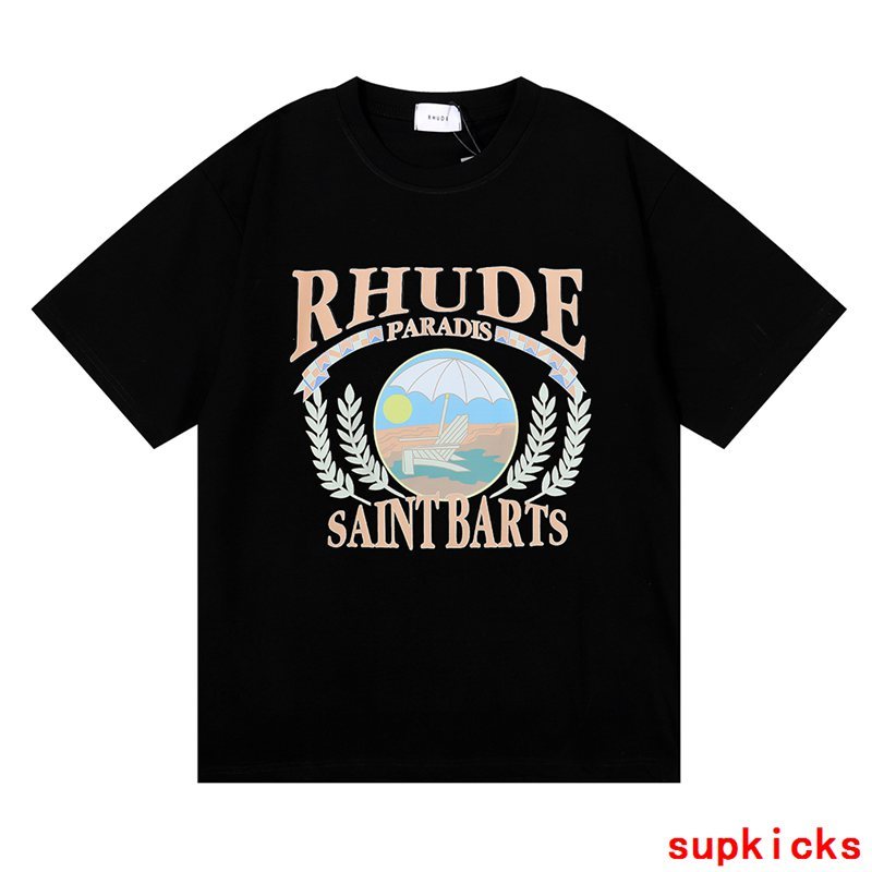 Side profile of Rhude luxury clothing with label-forward styling