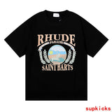 Side profile of Rhude luxury clothing with label-forward styling