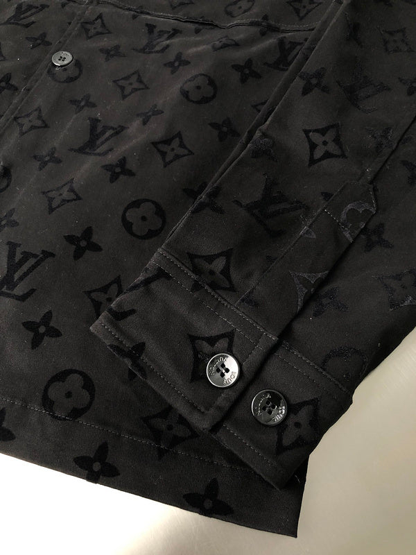 Full styled look of Louis Vuitton luxury clothing with signature branding