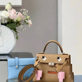 Side view of understated structured handbag