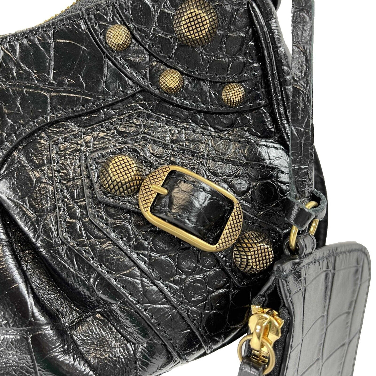 Balenciaga - XS Shoulder Bag Crocodile Embossed Black Studded Shoulder Bag NEW — Designer Shoulder Bag