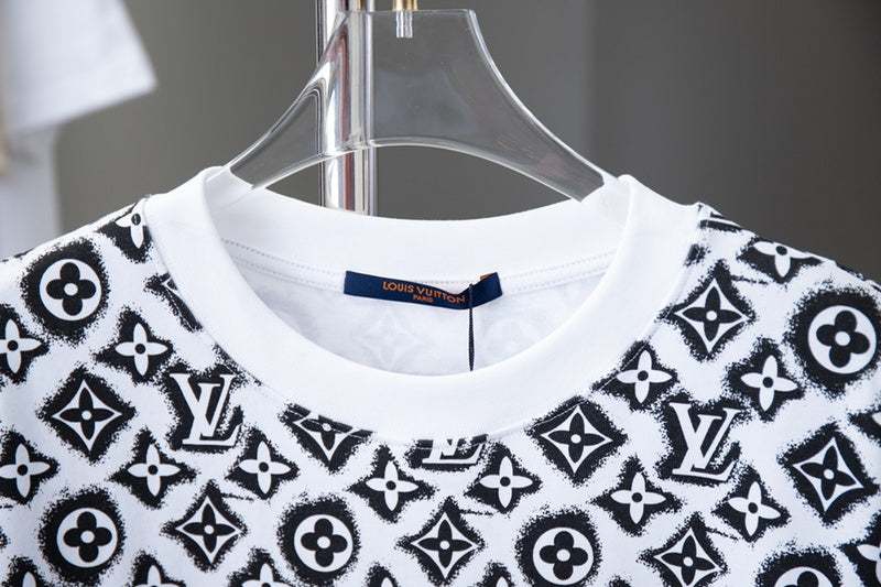 Close-up detail shot of Louis Vuitton cotton t-shirt with monogram-inspired silhouette
