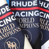 Close-up detail shot of Rhude luxury clothing with runway-inspired design