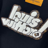 Close-up detail shot of Louis Vuitton luxury clothing with logo-detail design