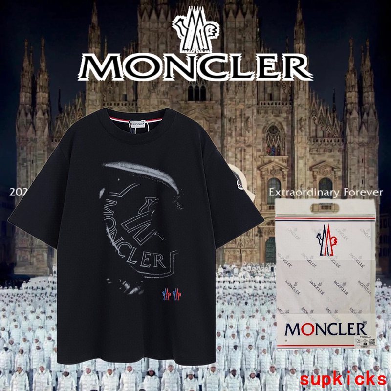 Front view of Moncler luxury clothing with monogram-inspired silhouette