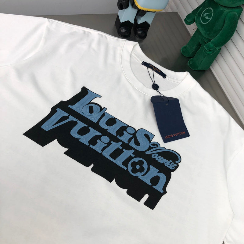 Close-up detail shot of Louis Vuitton cotton t-shirt with logo-detail design