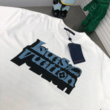 Close-up detail shot of Louis Vuitton cotton t-shirt with logo-detail design