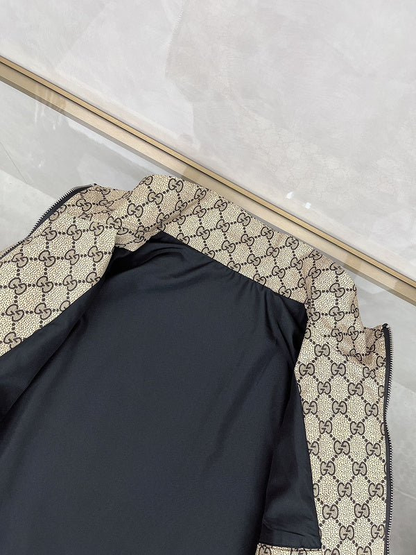 Flat lay presentation of Gucci luxury clothing with logo-detail design