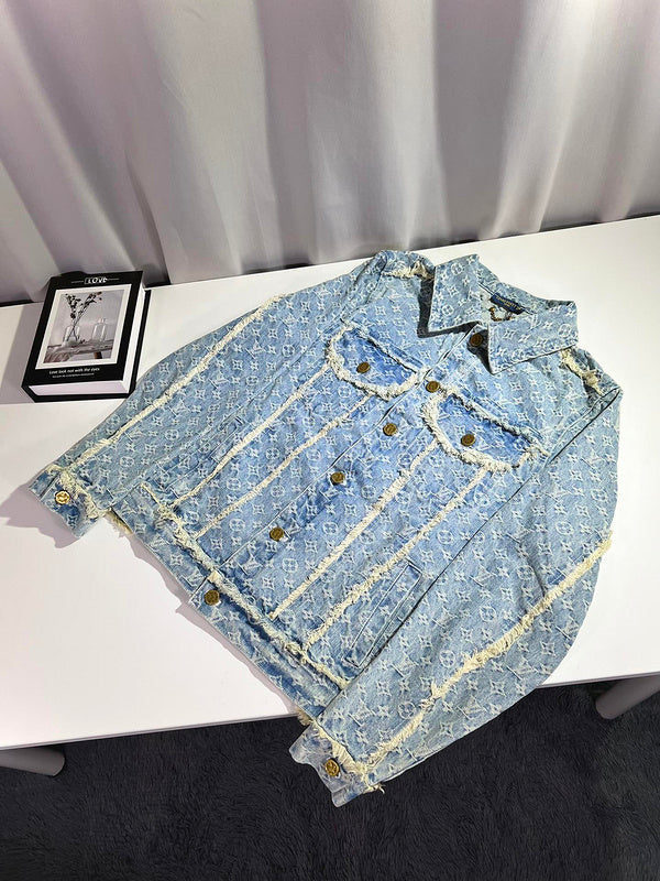 Front view of Louis Vuitton luxury clothing with signature branding