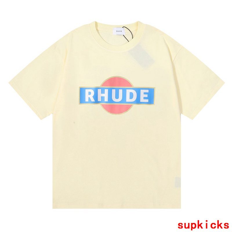 Side profile of Rhude luxury clothing with label-forward styling