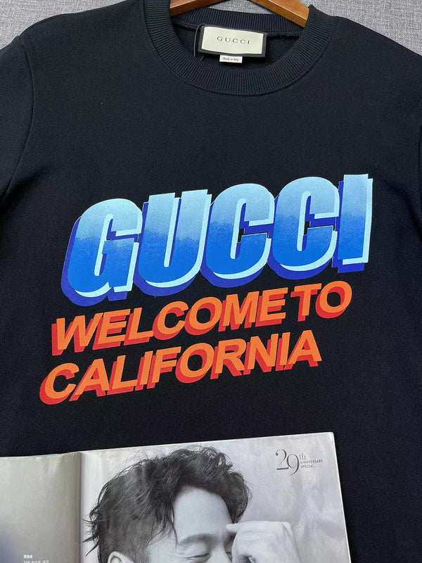 Back view of Gucci luxury clothing with signature branding
