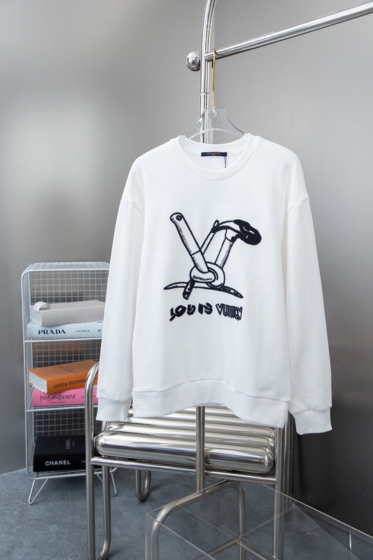 Front view of Louis Vuitton luxury clothing with logo-detail design