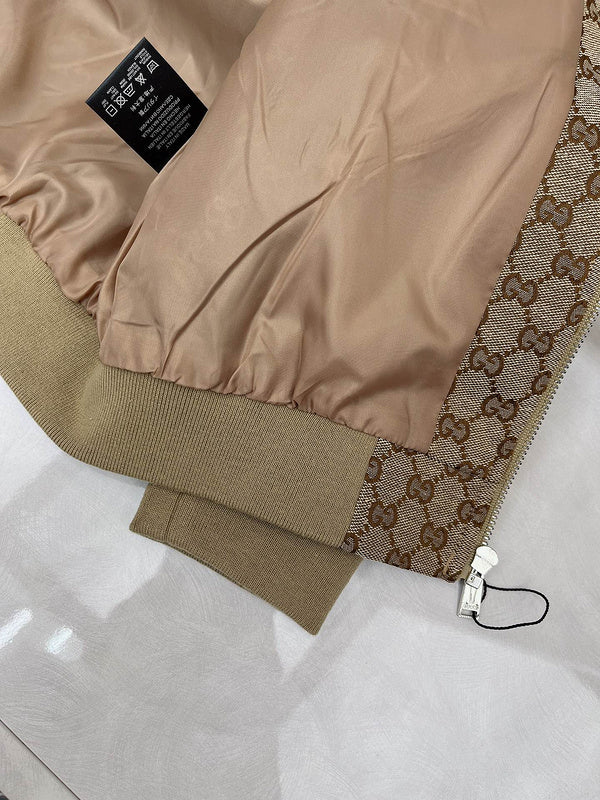 Front view of Gucci luxury clothing with monogram-inspired silhouette