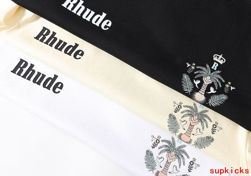 Front view of Rhude luxury clothing with label-forward styling