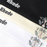 Front view of Rhude luxury clothing with label-forward styling