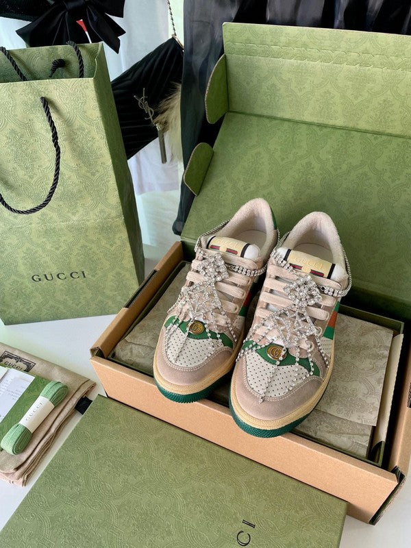 Side profile of Gucci classic monochrome sneakers retro runner design