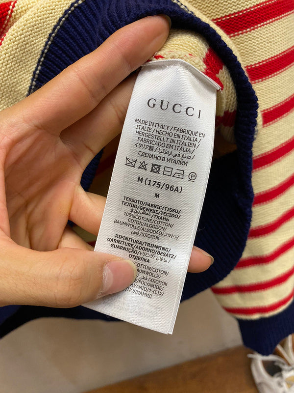 Back view of Gucci luxury clothing with label-forward styling