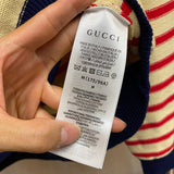 Back view of Gucci luxury clothing with label-forward styling