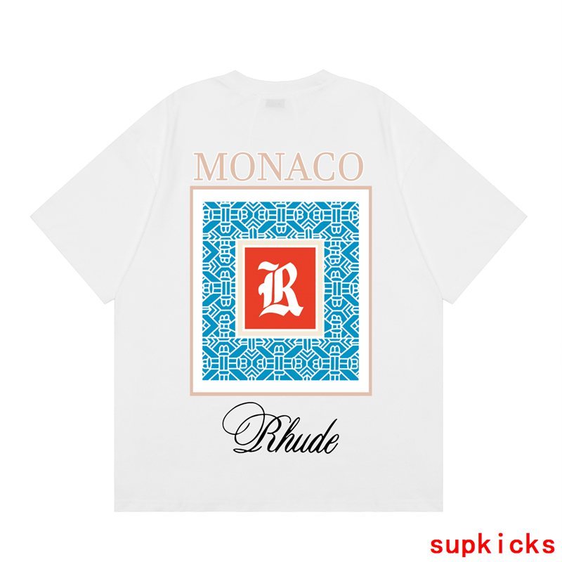 Front view of Rhude luxury clothing with signature branding