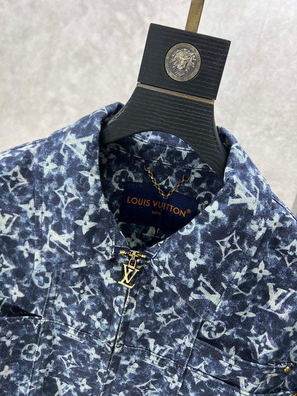 Close-up detail shot of Louis Vuitton luxury clothing with runway-inspired design