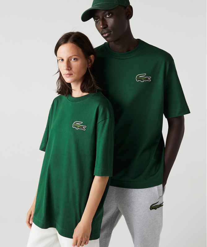 Front view of Lacoste luxury clothing with signature branding