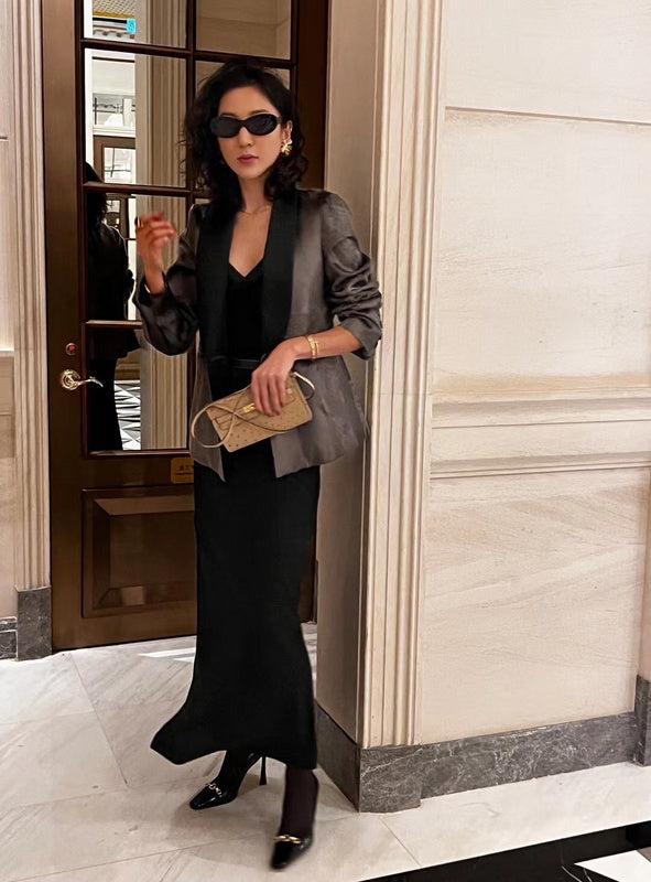 Side view of sleek structured handbag