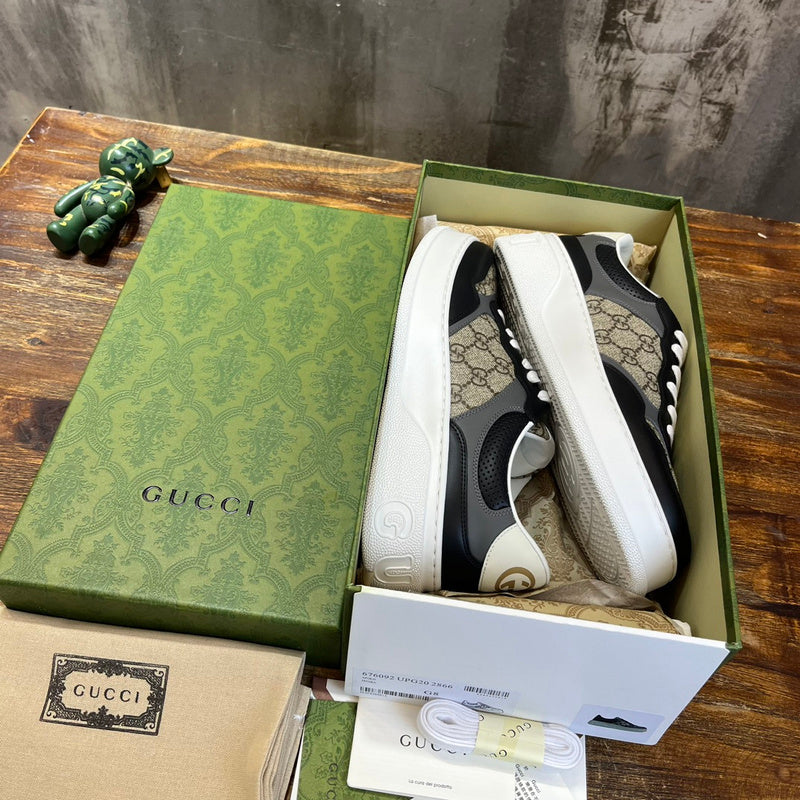Side profile of Gucci stone beige sneakers bold athletic profile