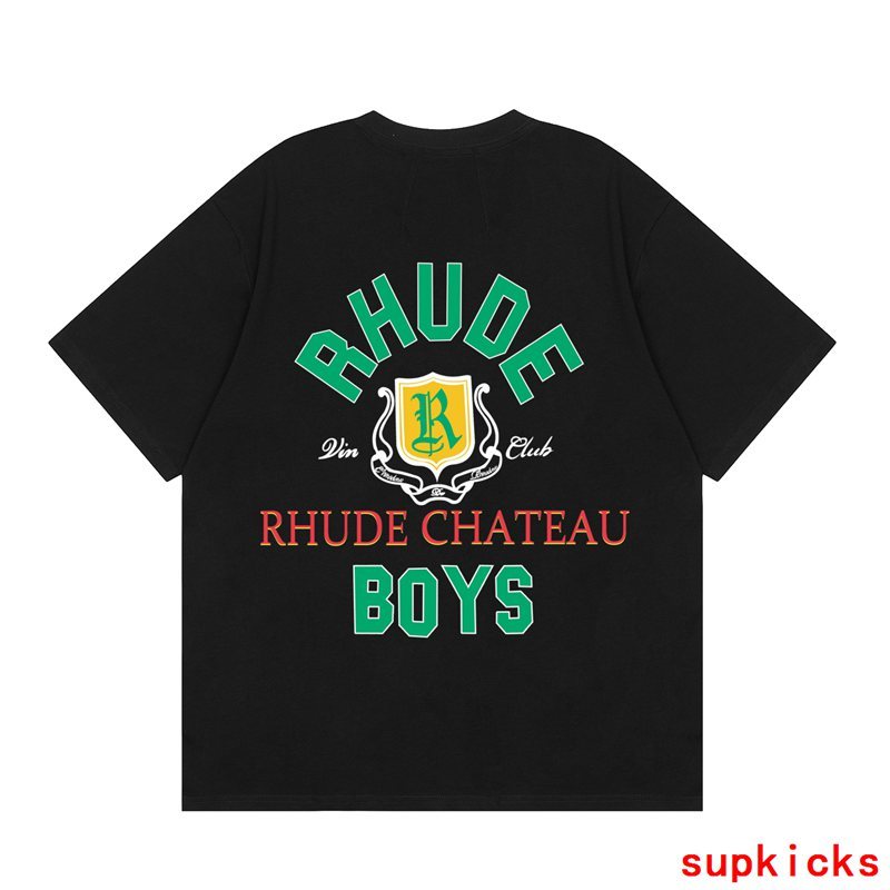 Flat lay presentation of Rhude luxury clothing with signature branding