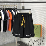 Back view of Rhude luxury clothing with label-forward styling