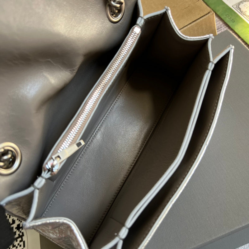 Side view of structured structured handbag