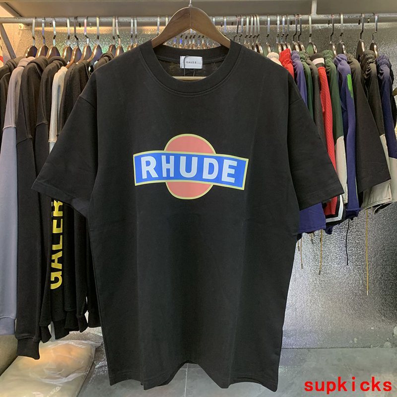 Front view of Rhude luxury clothing with signature branding