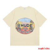 Close-up detail shot of Rhude luxury clothing with signature branding