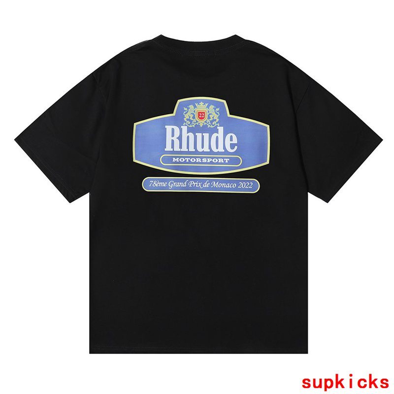 Front view of Rhude luxury clothing with label-forward styling