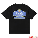 Front view of Rhude luxury clothing with label-forward styling