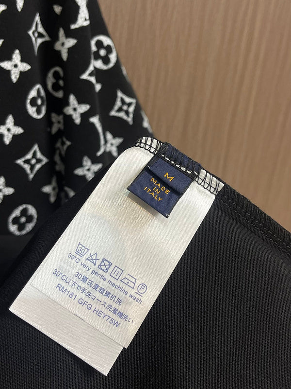 Close-up detail shot of Louis Vuitton cotton t-shirt with logo-detail design