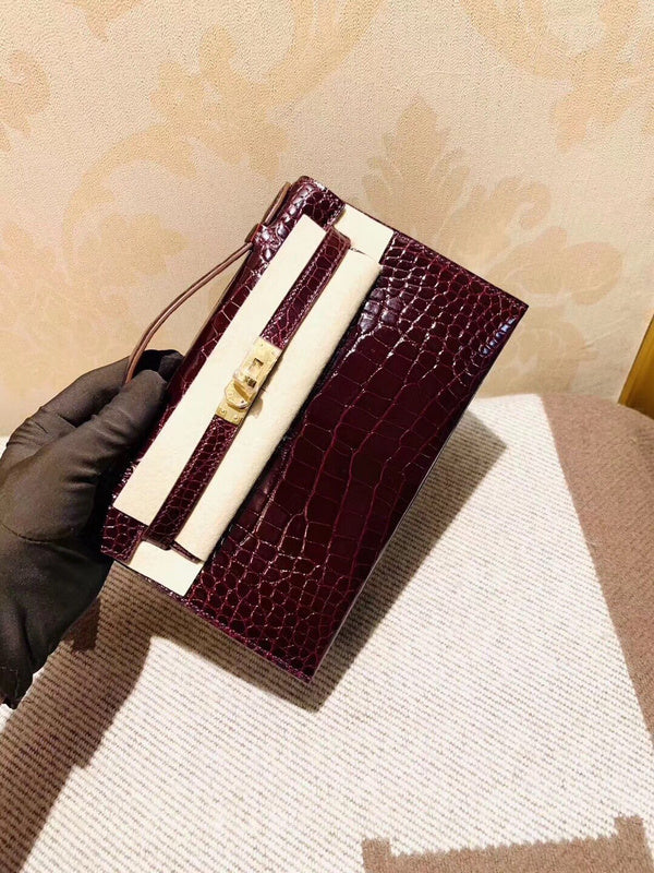 Side view of classic structured handbag
