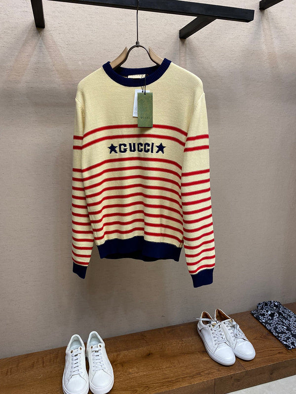 Back view of Gucci luxury clothing with label-forward styling