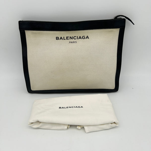 Balenciaga Navy Canvas Leather Large Zip Pouch | Designer Luxury Handbag
