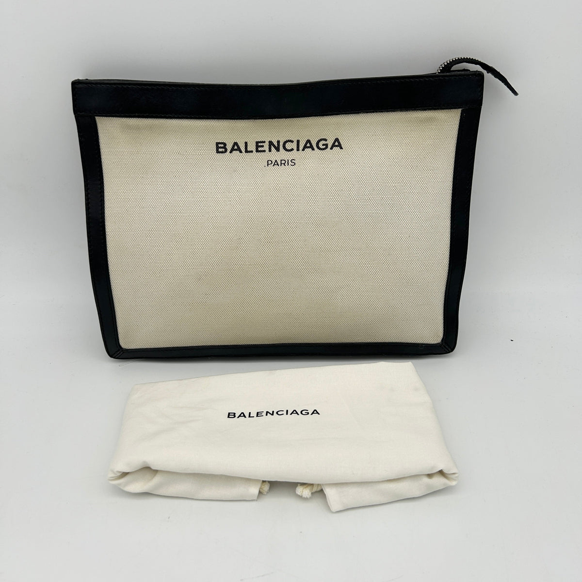 Balenciaga Navy Canvas Leather Large Zip Pouch | Designer Luxury Handbag