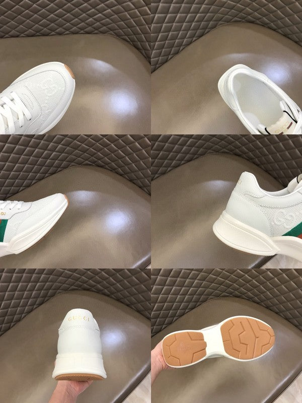 Side profile of Gucci clean off-white sneakers padded collar comfort