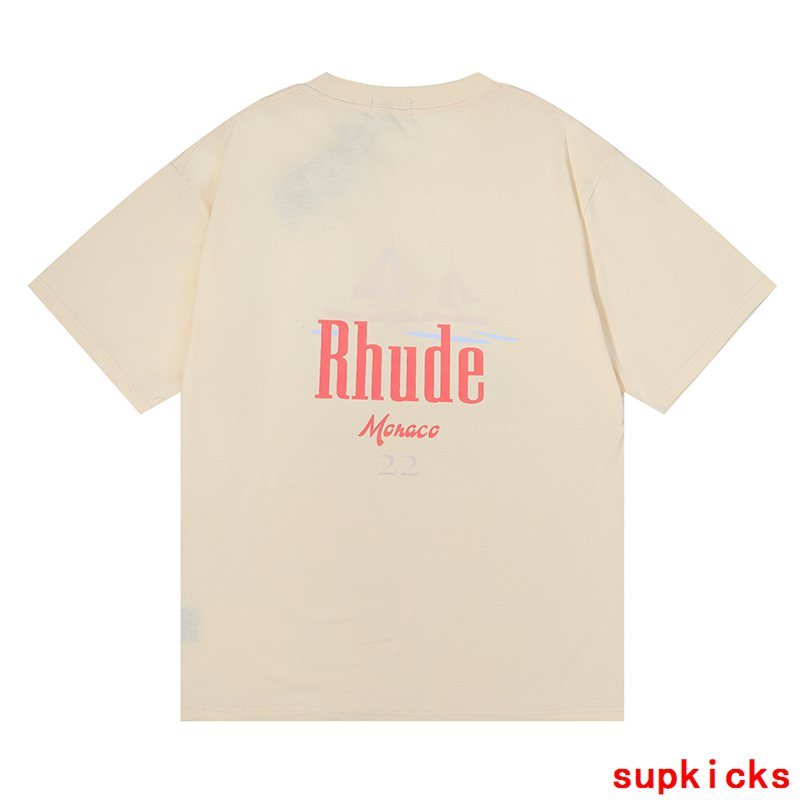 Flat lay presentation of Rhude luxury clothing with everyday silhouette