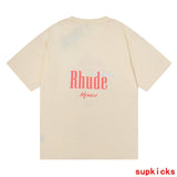 Flat lay presentation of Rhude luxury clothing with everyday silhouette