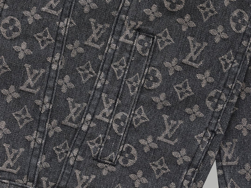 Close-up detail shot of Louis Vuitton luxury clothing with signature branding