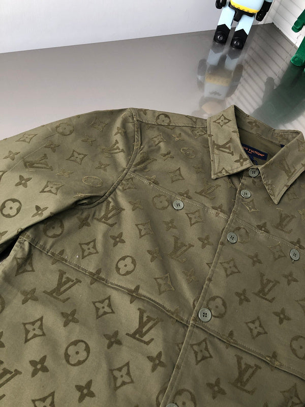 Side profile of Louis Vuitton luxury clothing with signature branding
