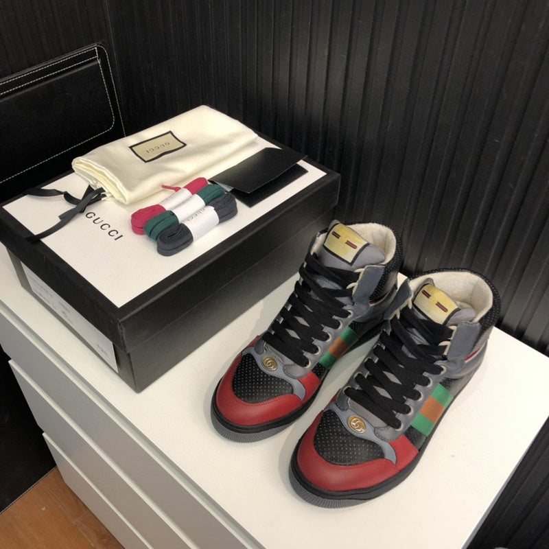 Side profile of Gucci soft grey sneakers padded collar comfort