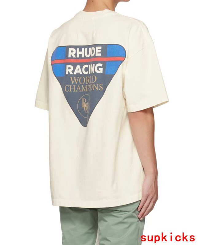 Side profile of Rhude luxury clothing with monogram-inspired silhouette