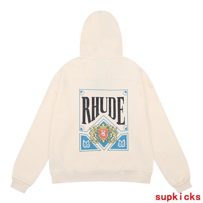 Close-up detail shot of Rhude luxury clothing with streetwear-inspired cut