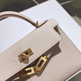 Side view of understated structured handbag