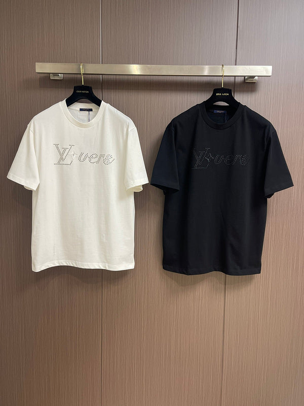 Close-up detail shot of Louis Vuitton cotton t-shirt with logo-detail design