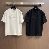 Close-up detail shot of Louis Vuitton cotton t-shirt with logo-detail design